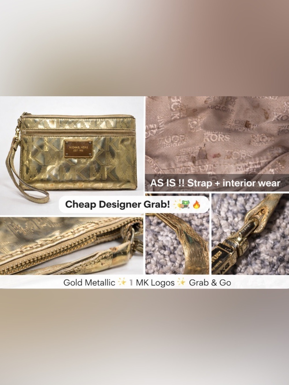 Michael Kors Gold MK Wristlet Clutch Metallic Logo Zip Pouch AS IS